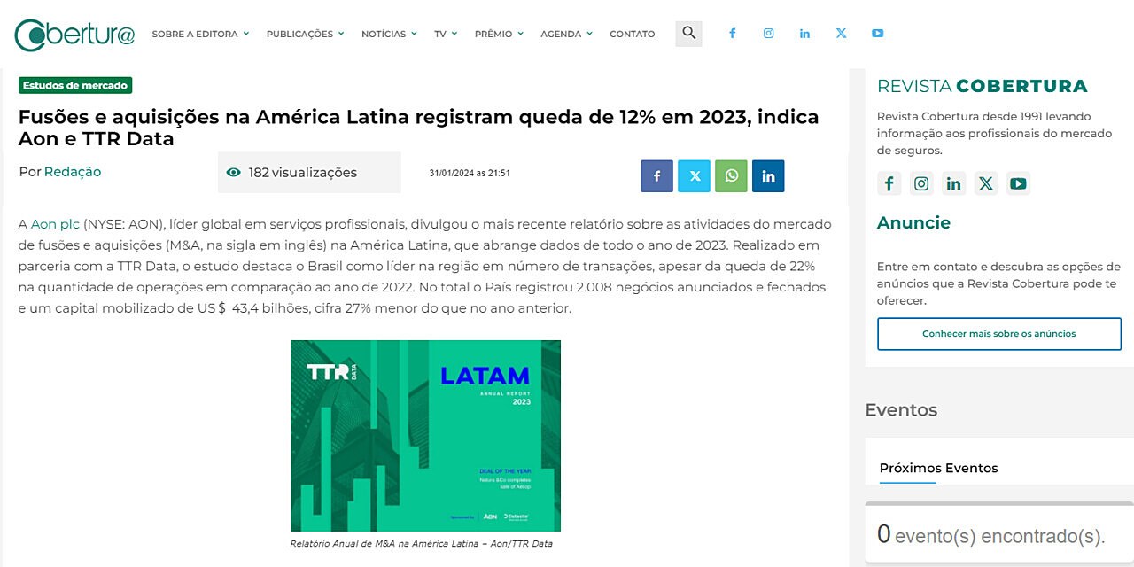 Fuses e aquisies na Amrica Latina registram queda de 12% em 2023, indica Aon e TTR Data